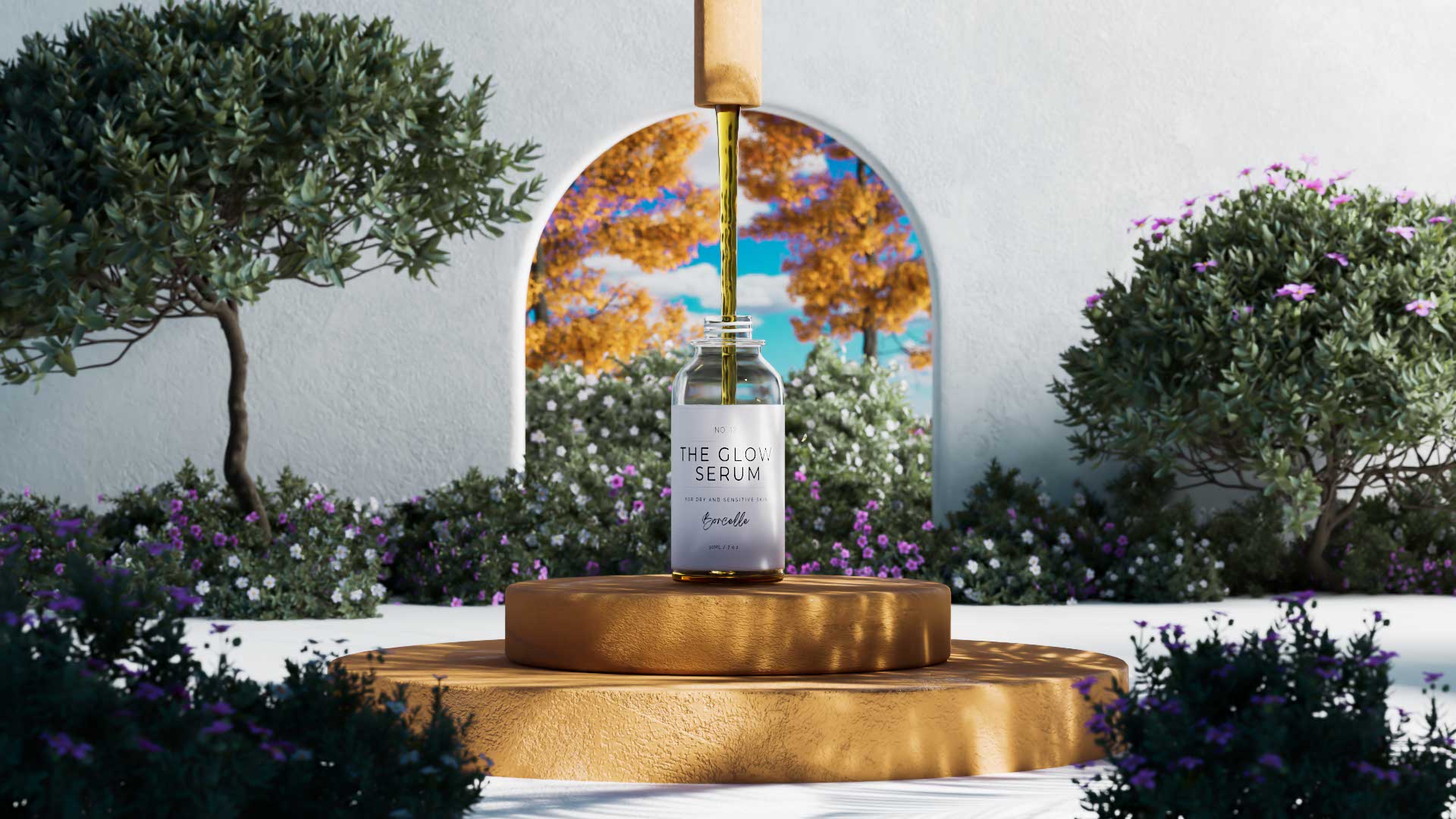 3D-animation på "the glow serum". Bilden innehåller även träd och blommor.